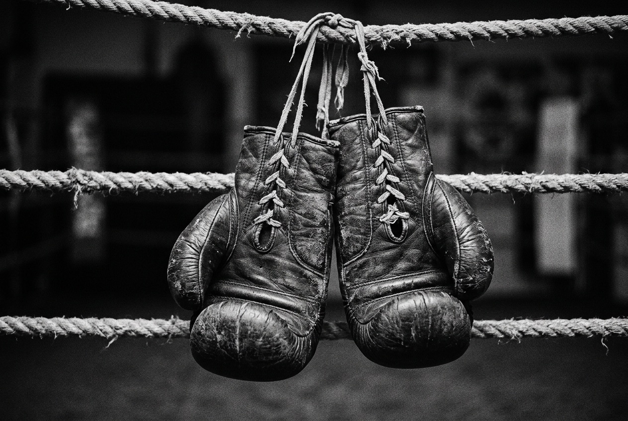 Des gants de boxe en cuir usé suspendus par leurs lacets aux câbles du ring