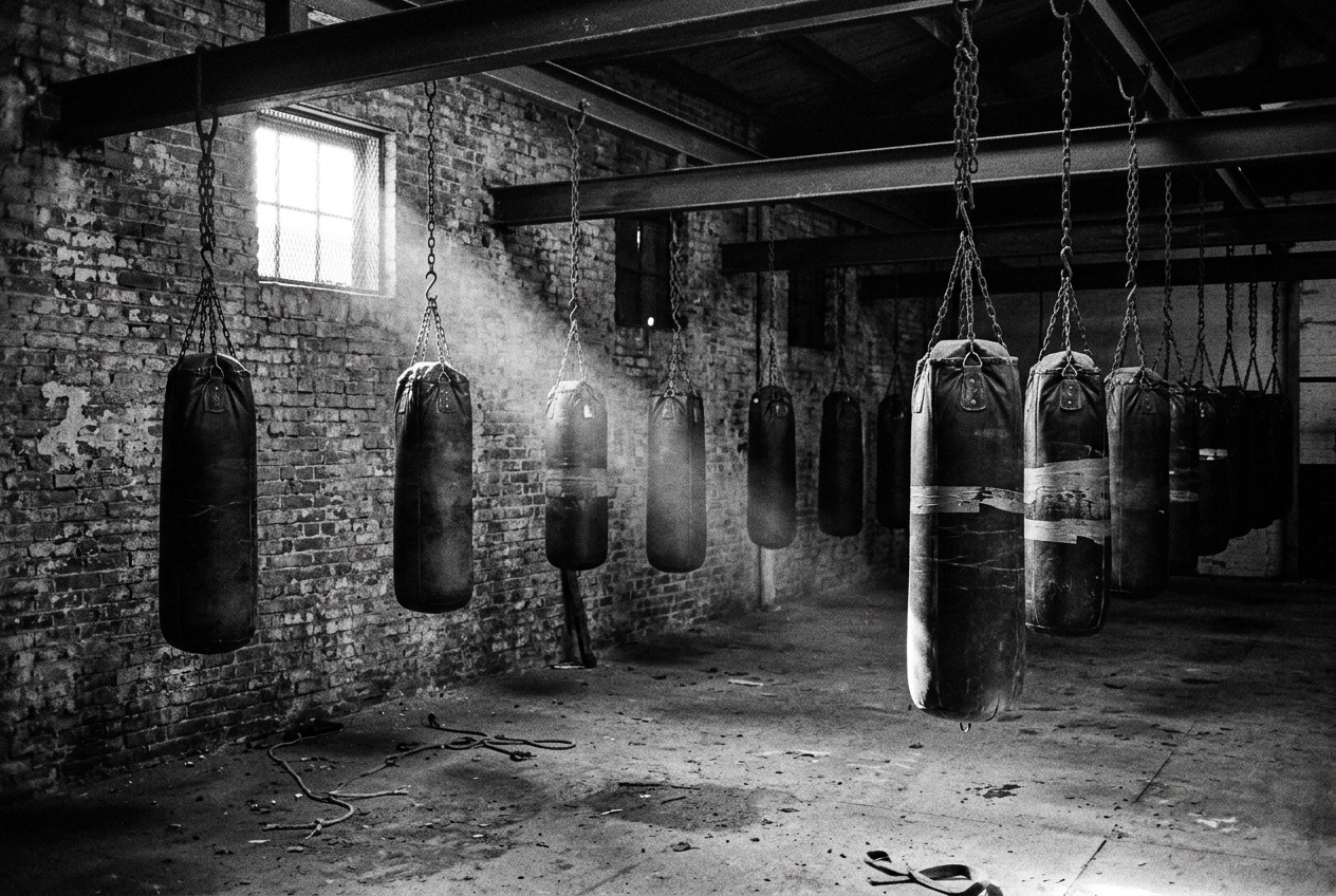 Rows of heavy bags hanging in an industrial boxing gym