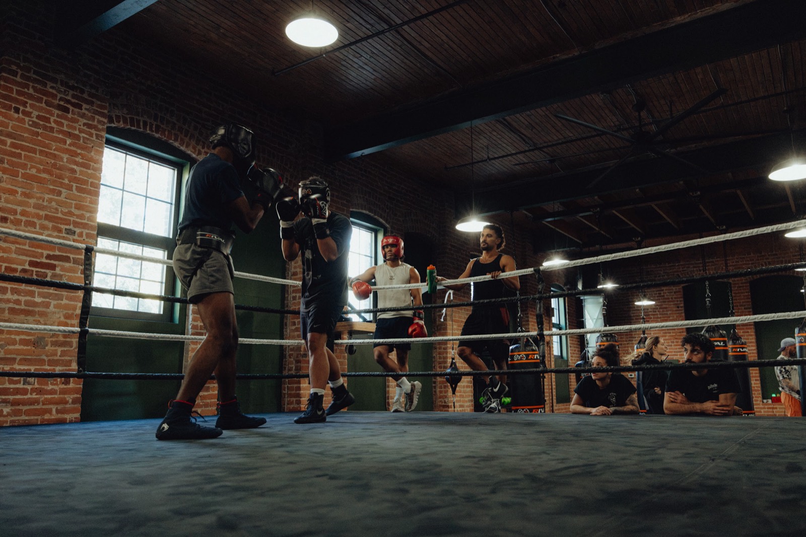 Two amateur team boxers sparring in the ring, members watching from ringside