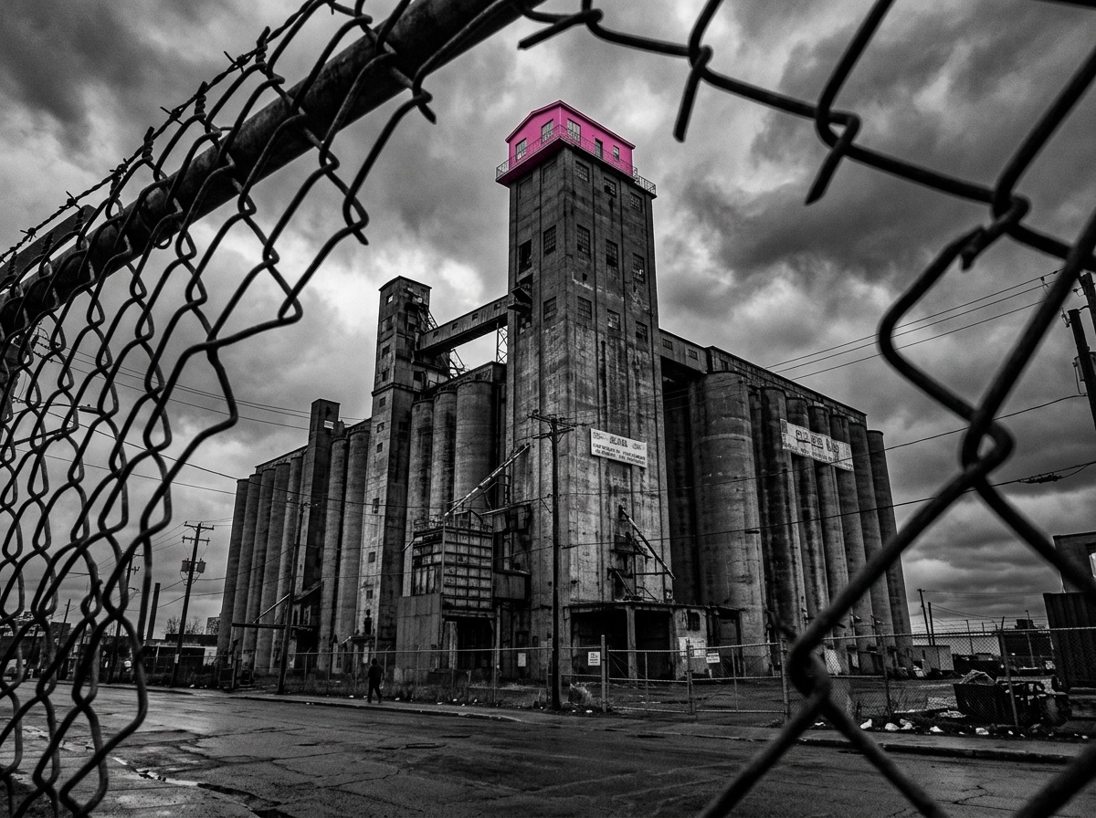 Les silos à grains du Sud-Ouest de Montréal avec leur maison rose sur le toit, vus à travers une clôture